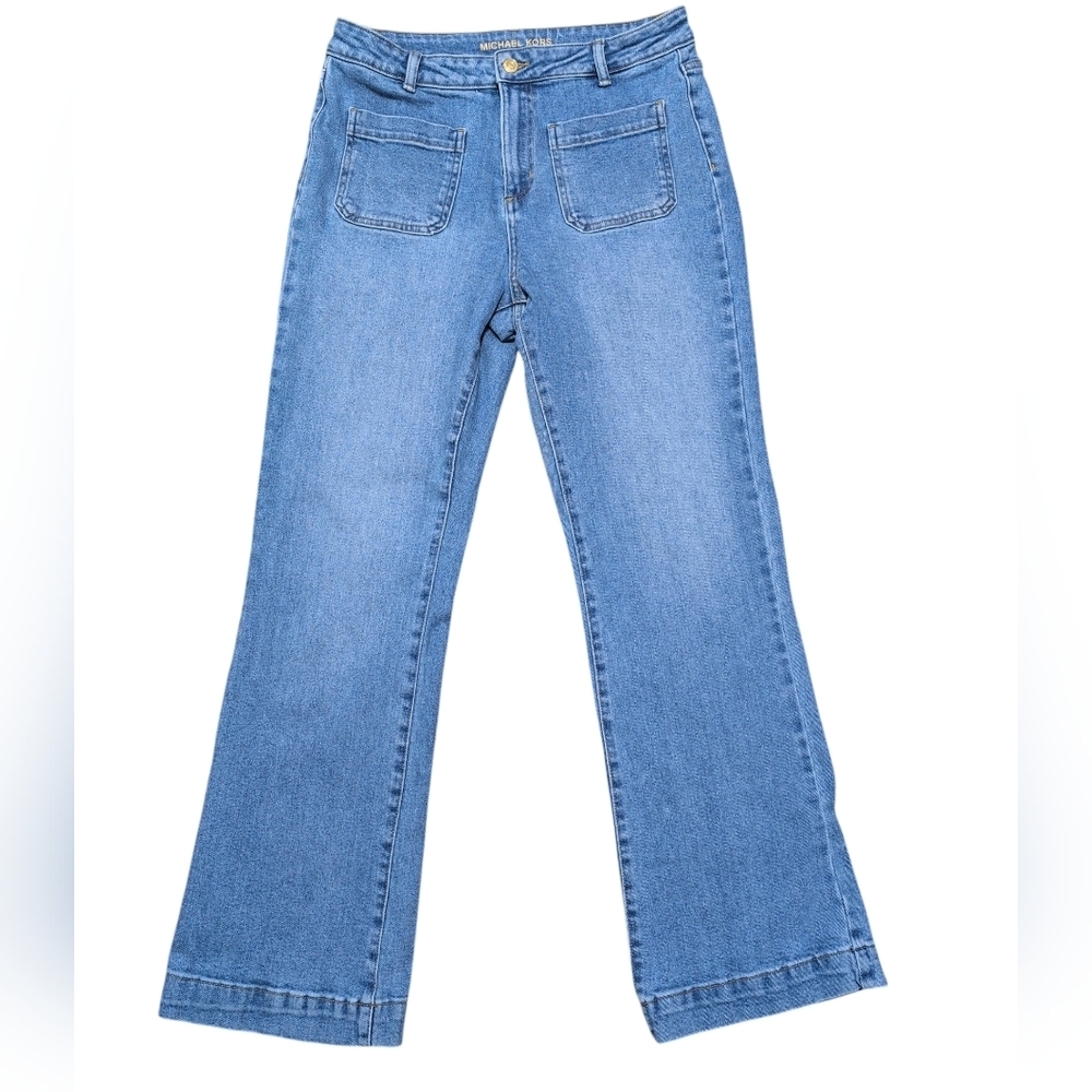 Michael Kors Womens High Rise Flare Jeans Blue Patch Pocket Stretch Denim Size 8